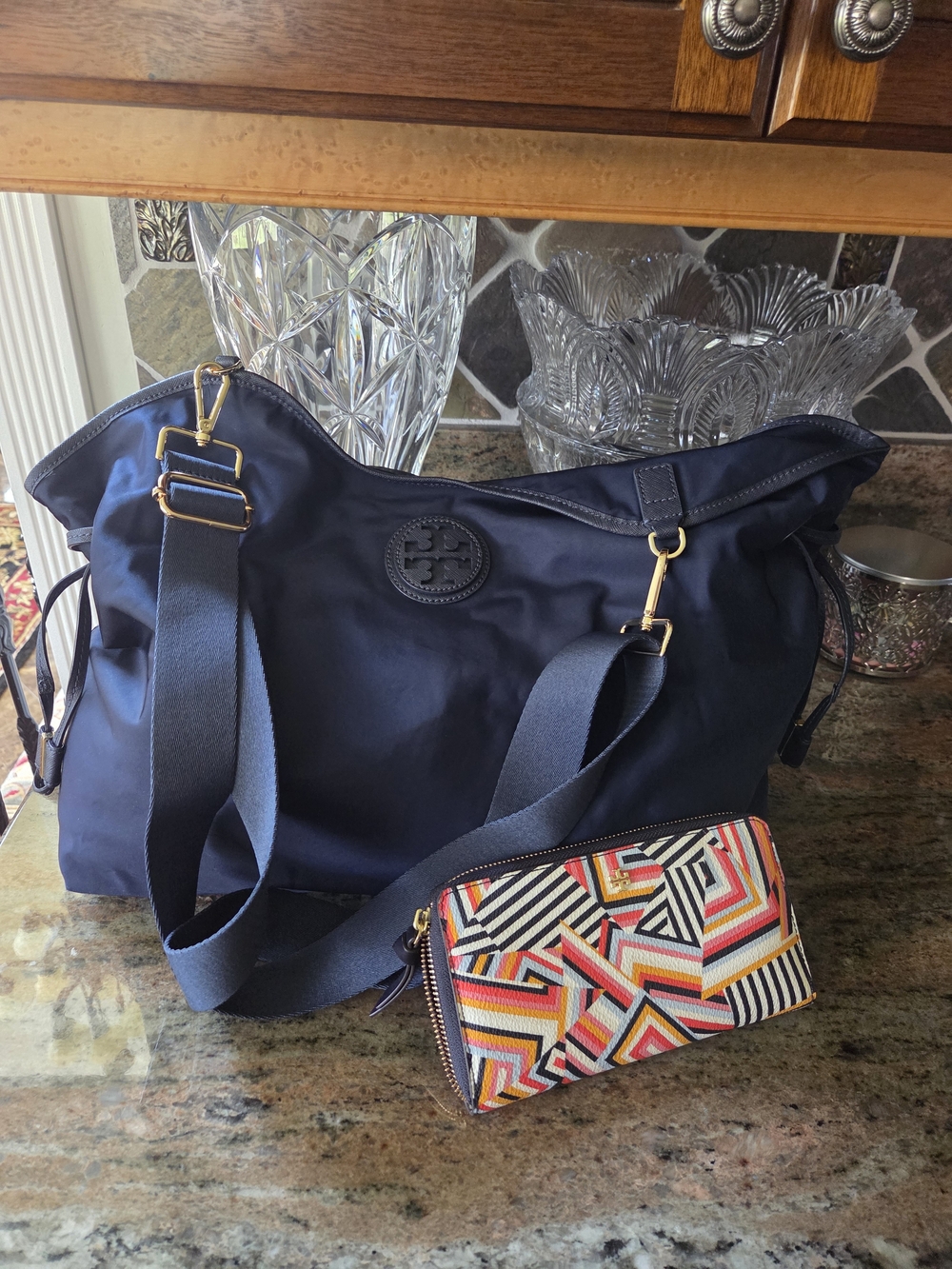 Tory Burch Large Navy Nylon Tote with Multicolor Geometric Wallett